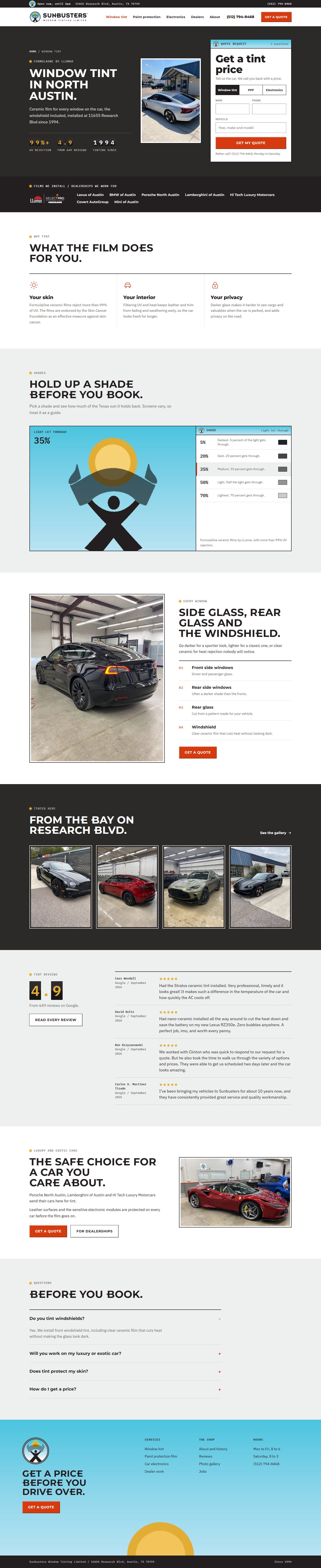 Window tint page design, desktop