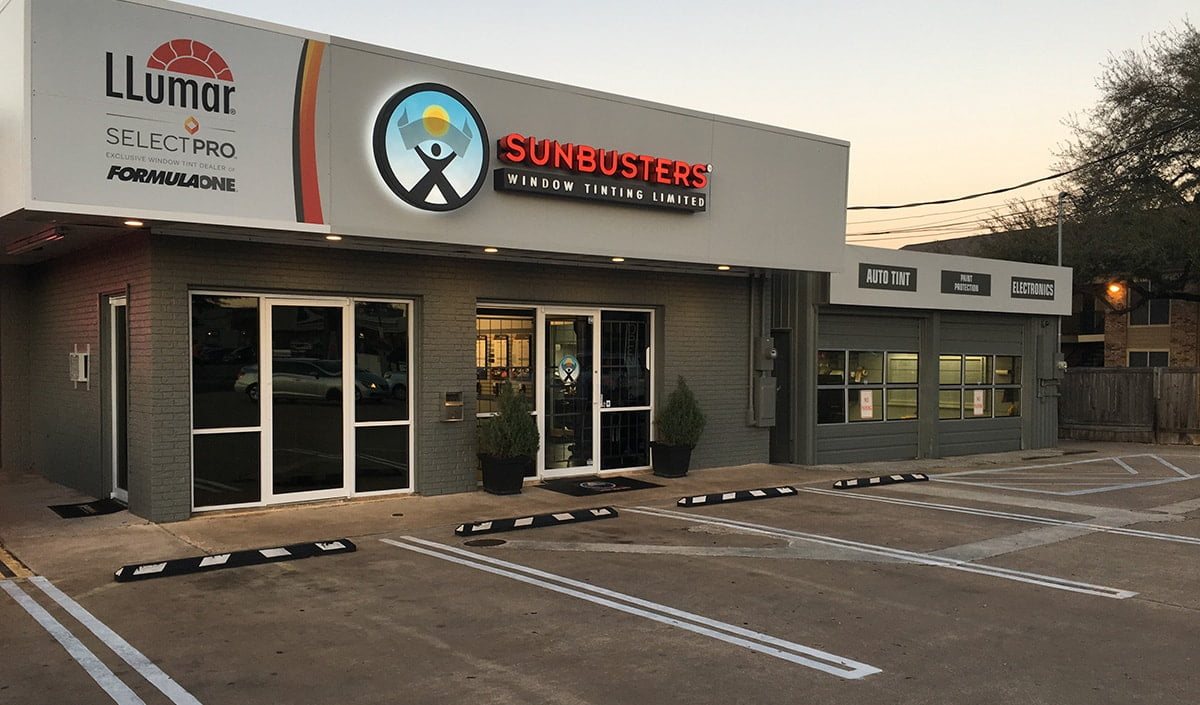 The Sunbusters storefront with the LLumar Select Pro sign